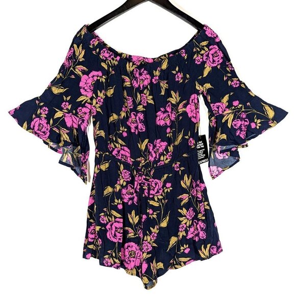 Express Pants - NWT Express Floral Gauzy Romper Bell Sleeve Shorts Size Medium Flutter Stretch